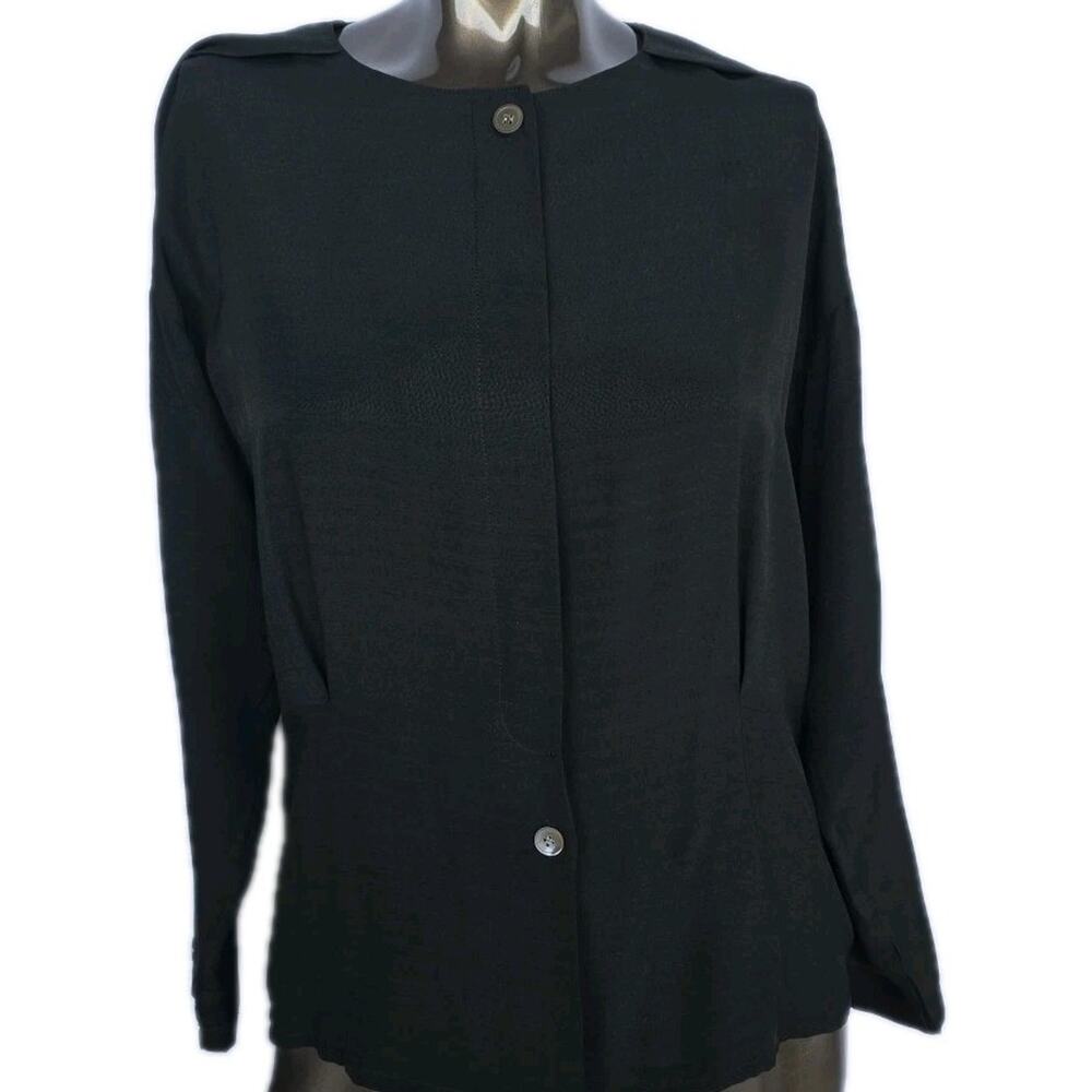 Vintage Cassant 100% Silk Button-Up Blouse Size 6 Black Minimalist